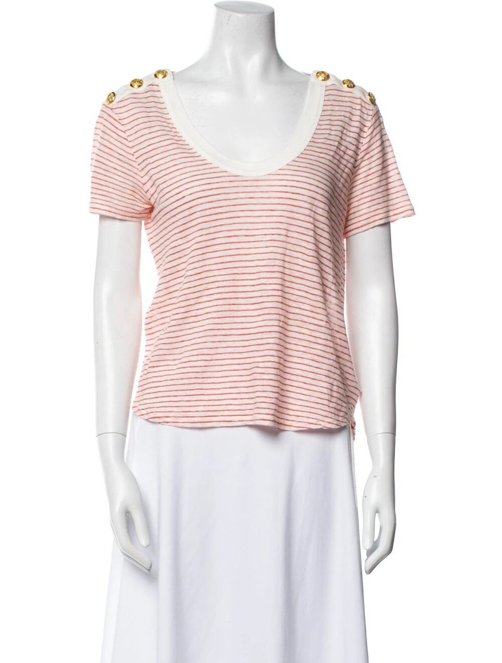 Veronica Beard Red White Striped Linen Scoop Neck T Shirt Gold Buttons Small